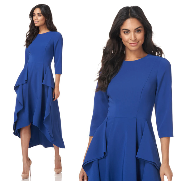 Kay Unger Bria High Low 3/4 Sleeve A-Line Midi Dress Navy Blue Plus Size 16 NEW - Picture 2 of 14